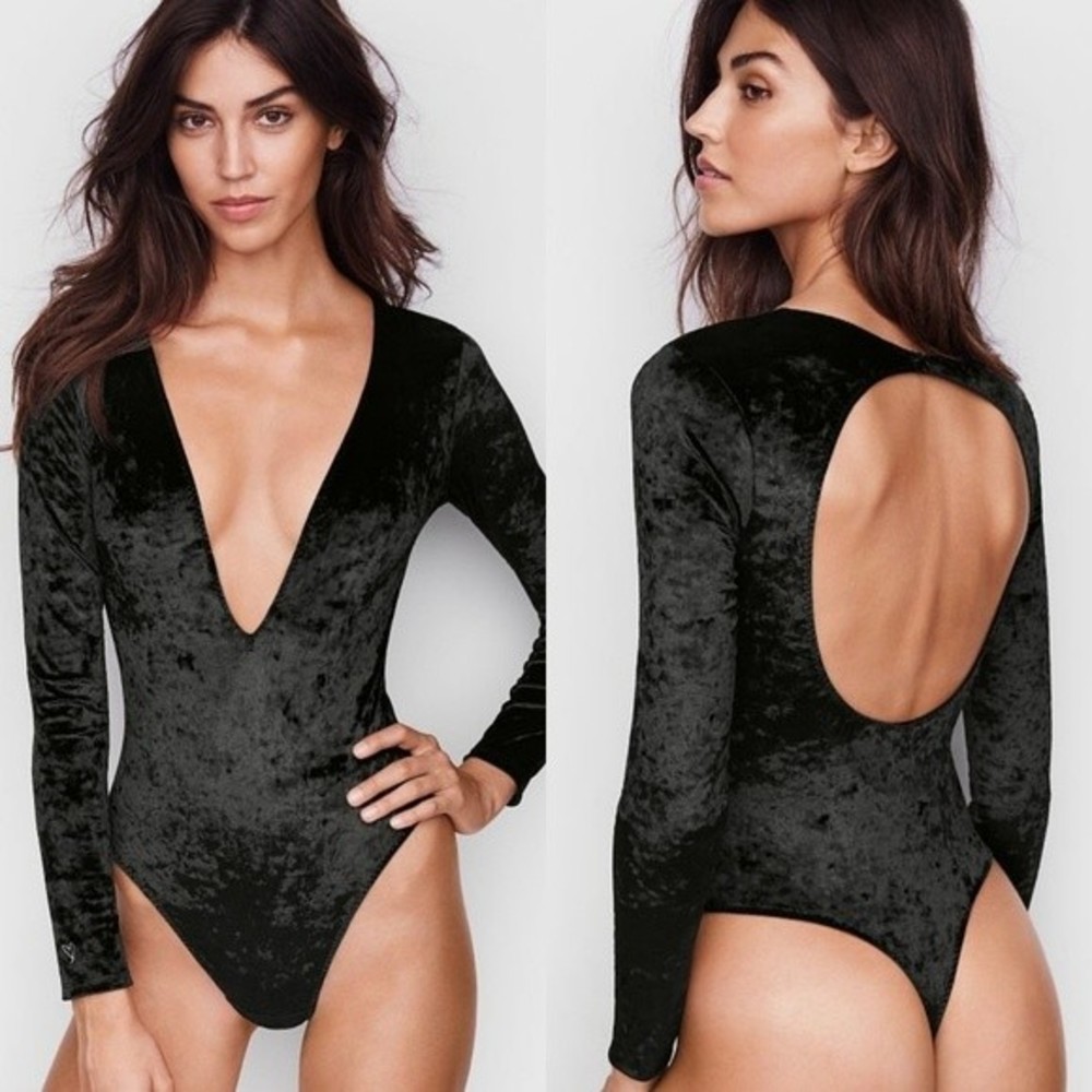 Victoria's Secret Crushed Velvet Thong Bodysuit Plunging Open Back Sexy Top M/L